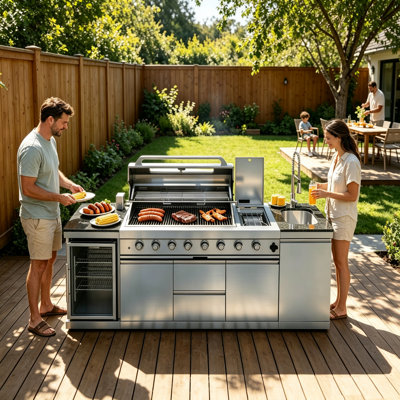 Wren 96‑Inch 304 Marine‑Grade Stainless‑Steel Outdoor Island Gas Grill Station With Side‑Burner, Sink & Beverage Cooler, Backyard Modular Outdoor Kitchen