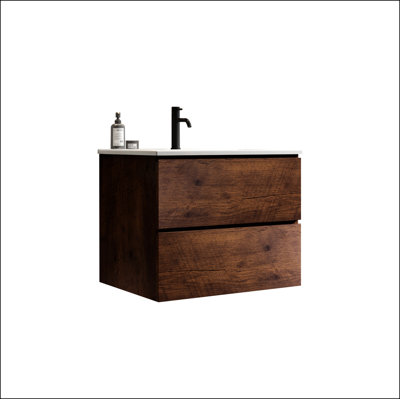 Meuble-lavabo mural en noyer de 24 po avec lavabo en céramique avec un trou de robinet, grand meuble-lavabo flottant de rangement pour salle de bain moderne, lavabo une pièce sans drain et robinet, pré-assemblé