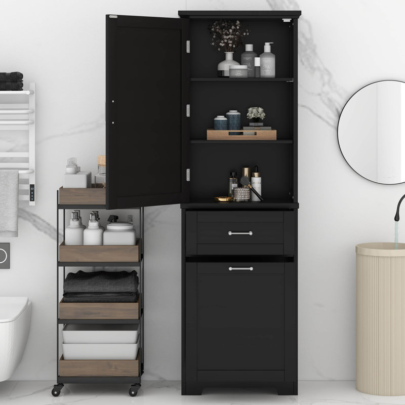 Grande armoire de rangement pour salle de bain, armoire de rangement autoportante avec deux tiroirs de tailles différentes et tablette réglable, tableau avec peinture