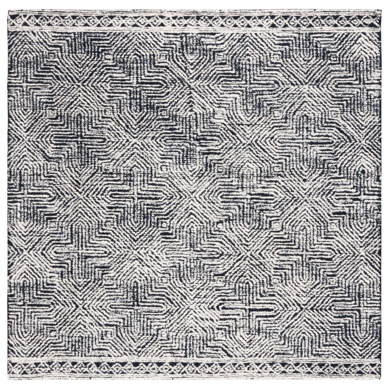 Tapis touffeté en laine / fil pour animaux de compagnie Friedi en ivoire / noir, Carré 6 pi