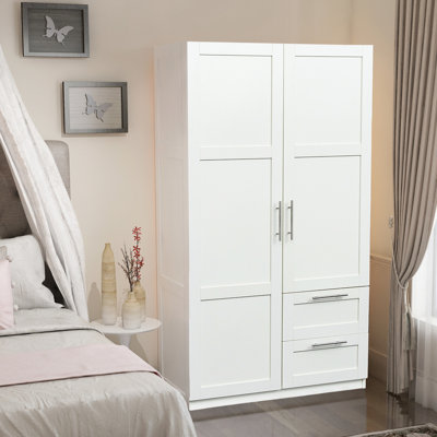 White High Wardrobe And Kitchen Cabinet With Functionality - 2 Doors, Drawers, 5 Storage Areas, 15mm Particle Board, 3mm Back, & Spaces , Smooth, , Clean Swiftly