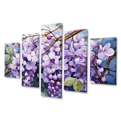 «Purple Morning Glory Graceful V» - Décoration murale florale - 5 panneaux
