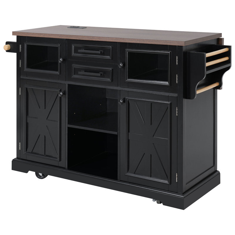 Lecia 54.9" Rolling Kitchen Island with Drop Leaf, Power Outlet & Storage, Black