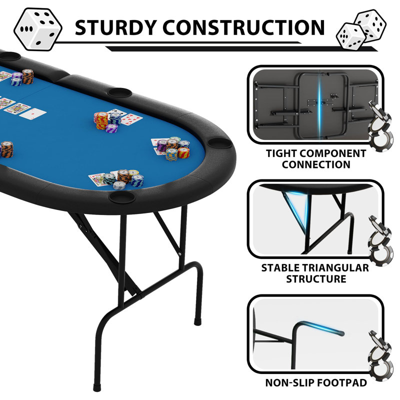Table de poker pliable pour 8 joueurs de 71 po, table de casino ovale avec pieds pliables, porte-gobelets et accoudoirs rembourrés pour salle de jeux