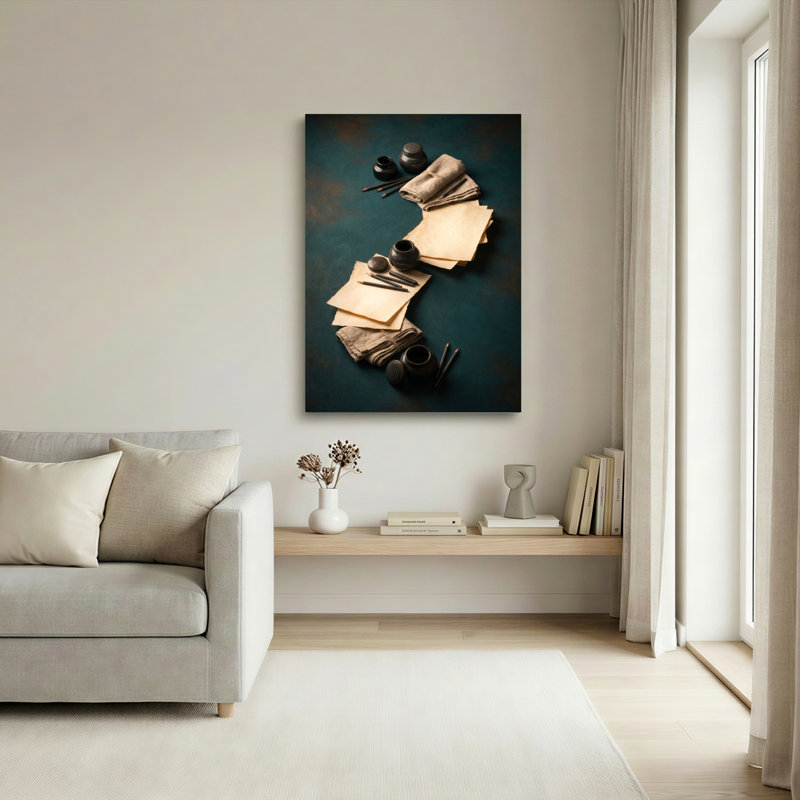 Ensemble de 1 tableau sur toile avec outils de calligraphie, H 24 po x l 16 po, Toile tendue