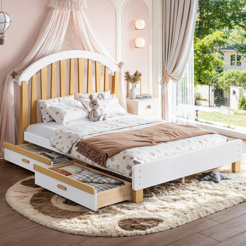 Lit plateforme double avec tiroir de rangement, cadre de lit simple en bois avec tête de lit ronde, sommier non requis, blanc et naturel
