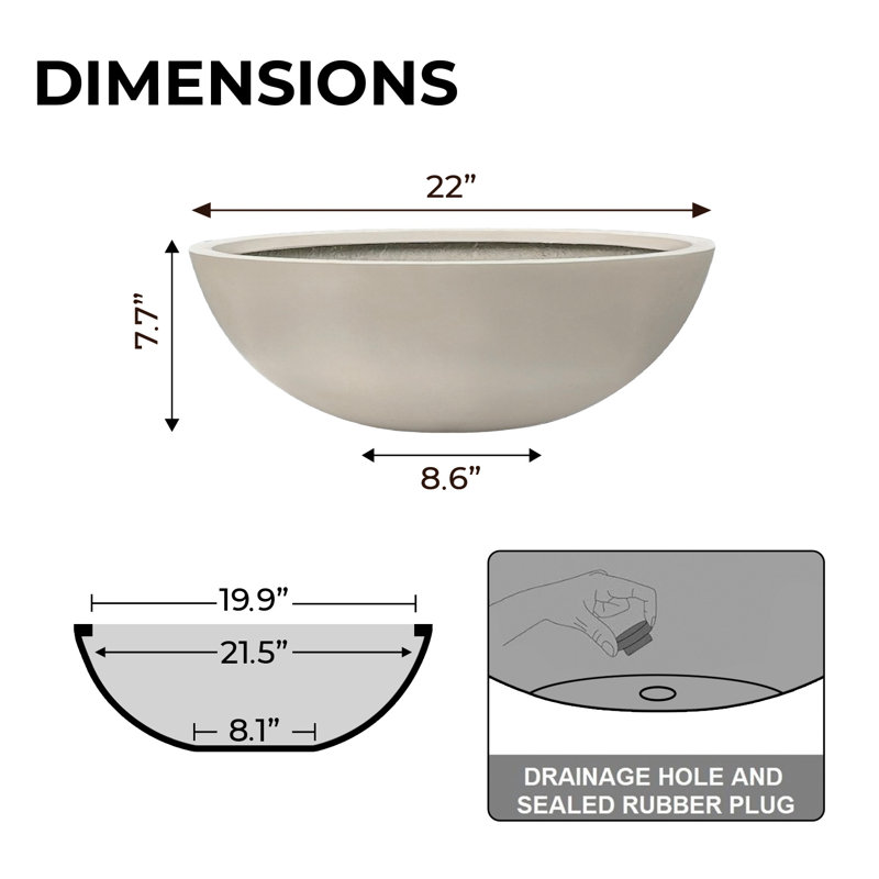 Grand pot de fleurs Kute Nest intérieur / extérieur en fibre de ronds D22 ", H 7,5 po x l 22 po x P 22 po, Taupe