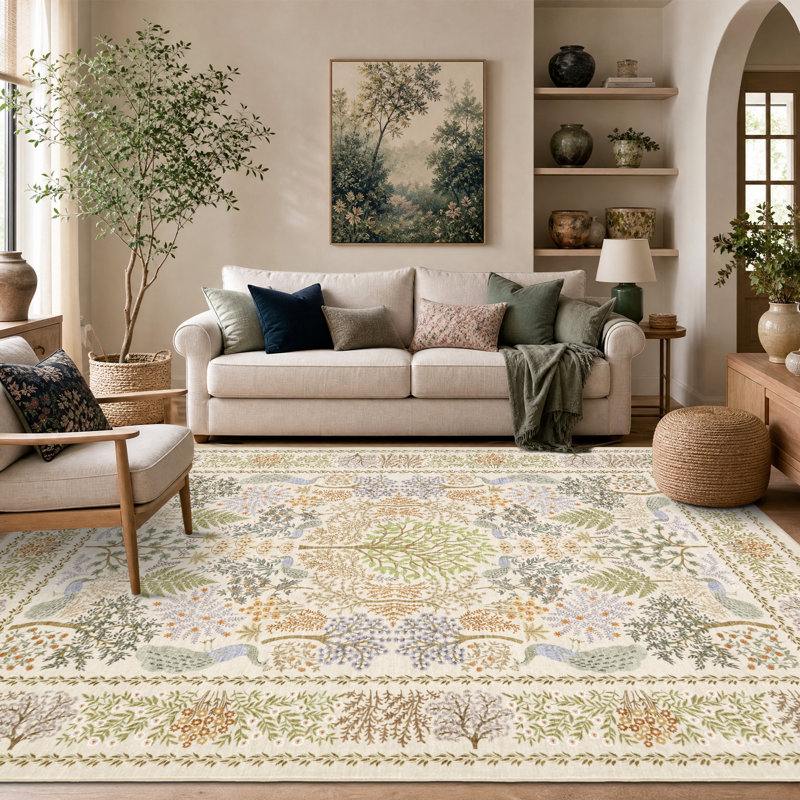Tapis lavable Peacock Botanical, Beige, Rectangle 9' x 12'