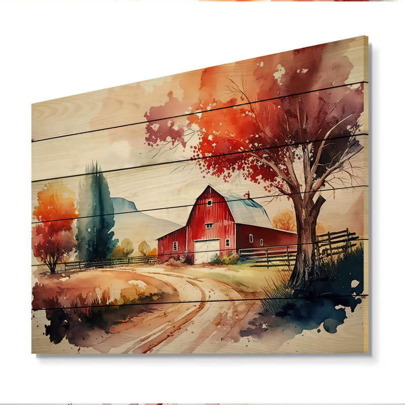 Baleine Calm Red Barn au printemps VII - impression sans cadre sur bois, H 12 po x l 20 po x P 1 po