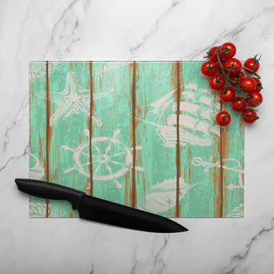 Nautical Elements On Wood Glass Chopping Board
