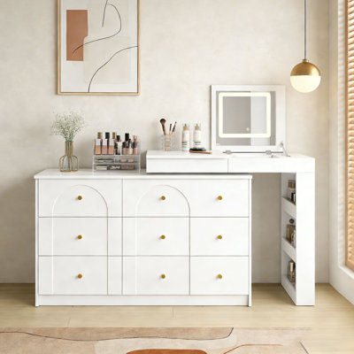 Vanity Desk with Mirror and Lights, Makeup Vanity Table with Flip-Top Tabletop and Storage 7 Drawers, 9 Compartments, 3 Shelves