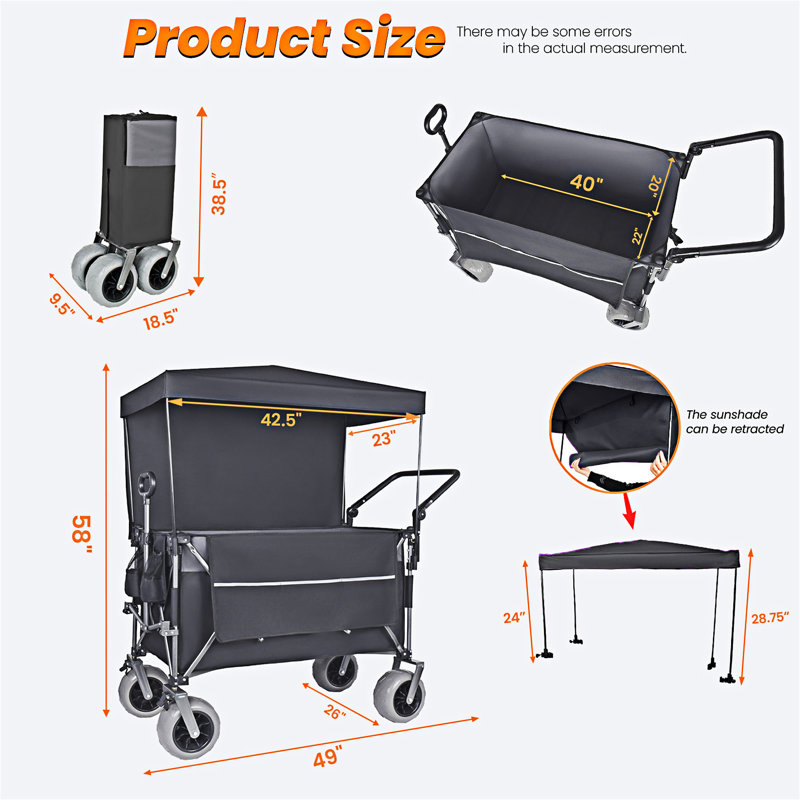 Chariot de chariot pliant multifonctionnel avec poignée rotative et auvent