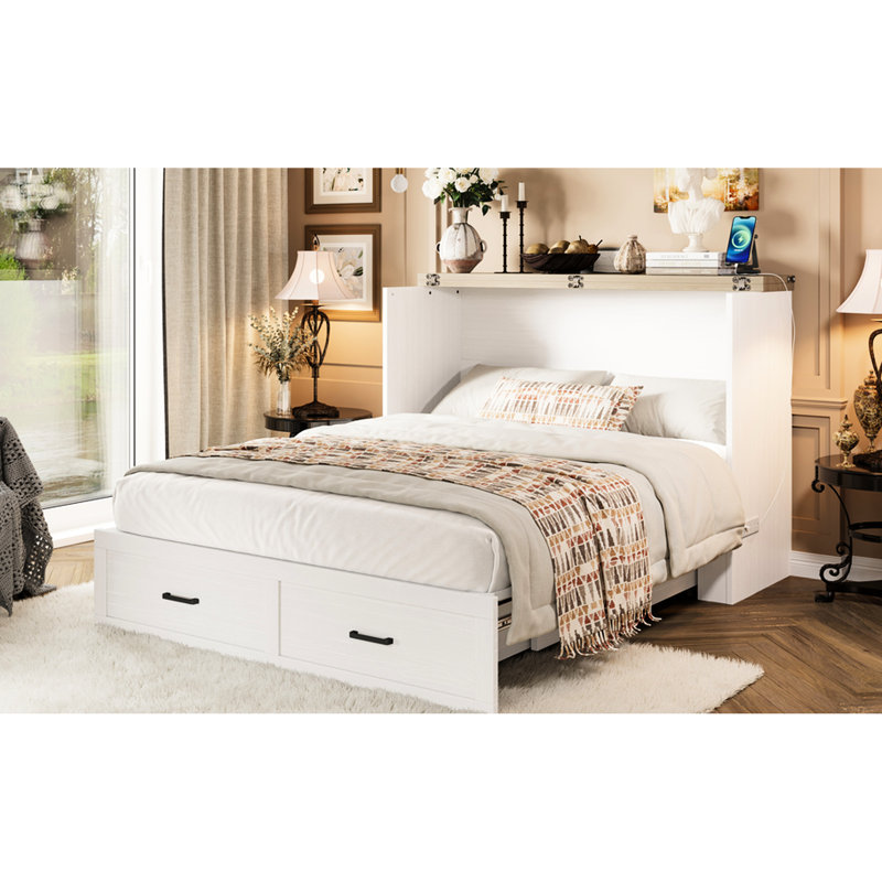 Grand lit, plateforme blanche avec station de charge et rangement, tiroir de rangement compact pour petits appartements, espaces invités compacts et multifonctionnels