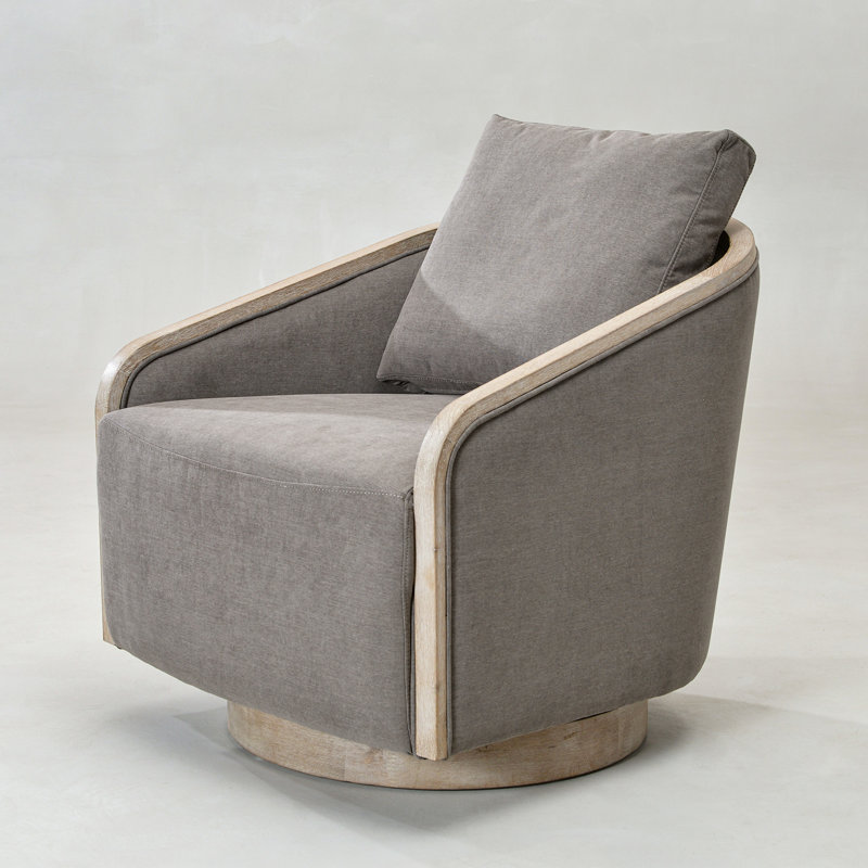 30" Wide Polyester Upholstered Swivel Barrel Chair With Wood Base, Slate Gray