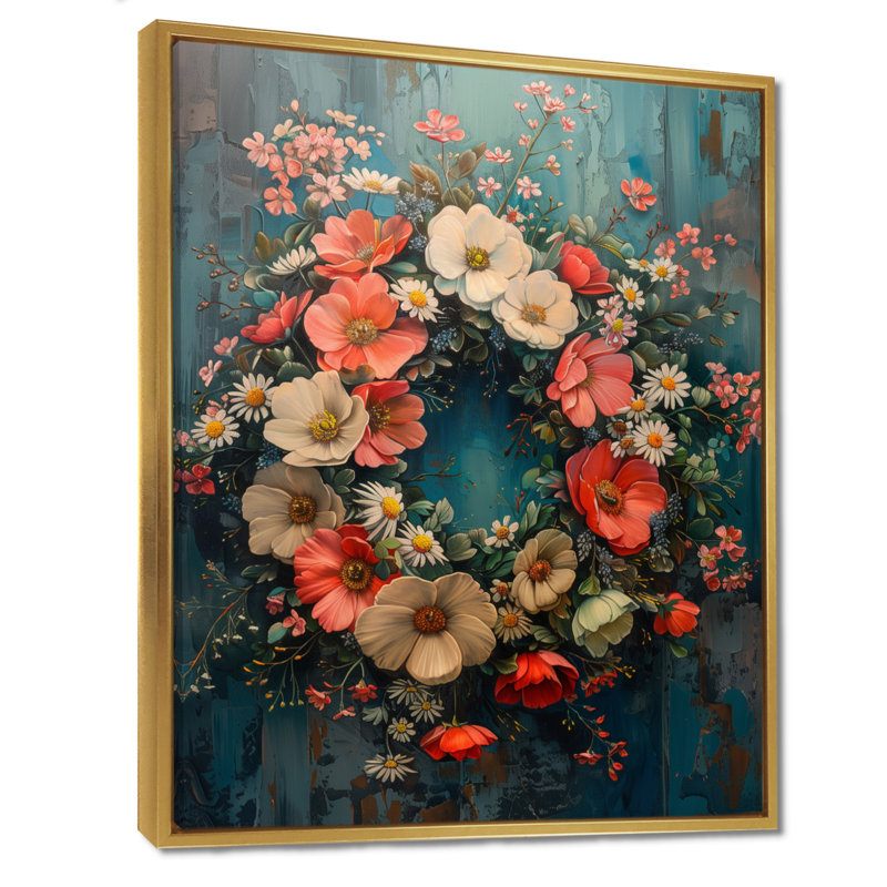 Rose, bleu, printemps, symphonie de couronne II - couronne, art mural, salon, Cadre flottant doré