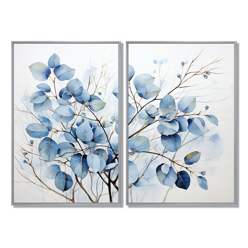 "Sureau", art traditionnel bleu sur toile, H 36 po x l 48 po, Impression encadrée flottante, Argent argent