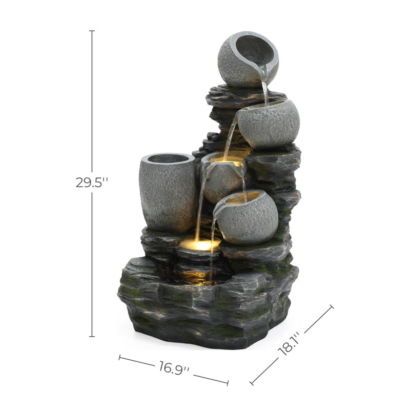 3-Tier Gray Pots on Stacked Rocks 2.5-Feet Tall Outdoor Polyresin Fountain with Lights and Gray Side Planter