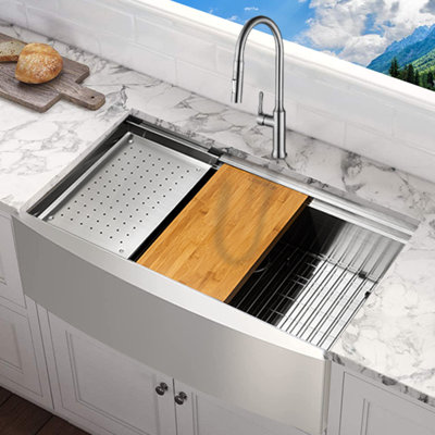 KBFmore  Single Bowl Apron Front Farmhouse Workstation Kitchen Sink with 6 PCs Accessories