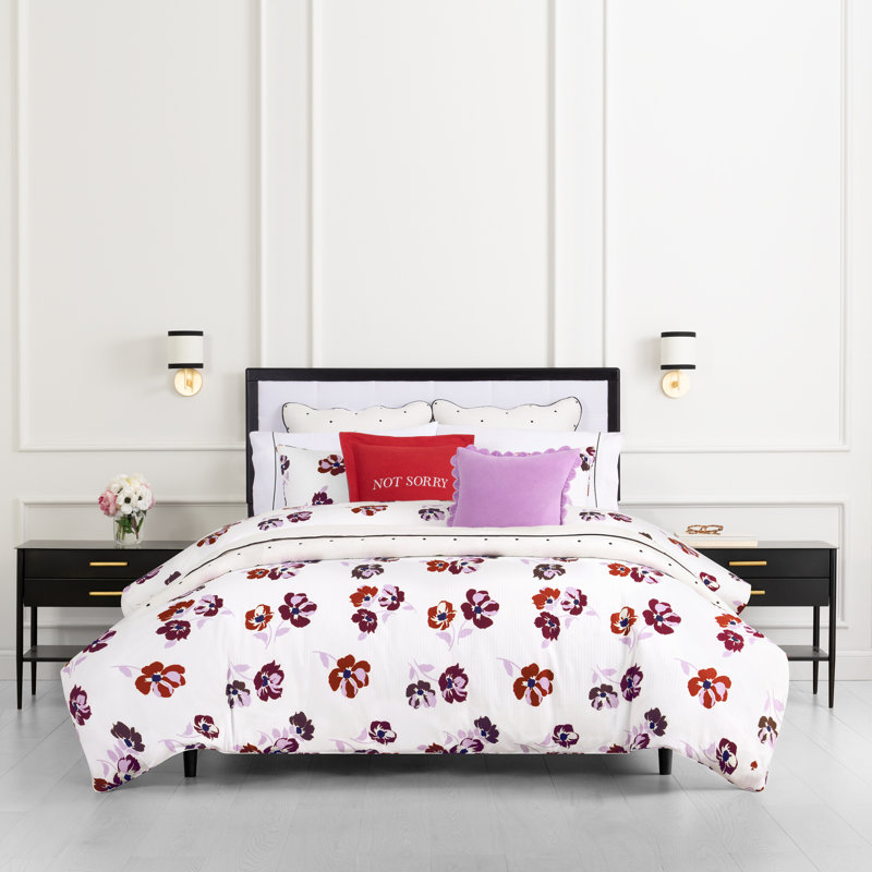 kate spade new york Fall Poppies Twin Comforter Set, 100% Cotton, All Season 2 Piece Reversible Bedding Set, White and Garnet