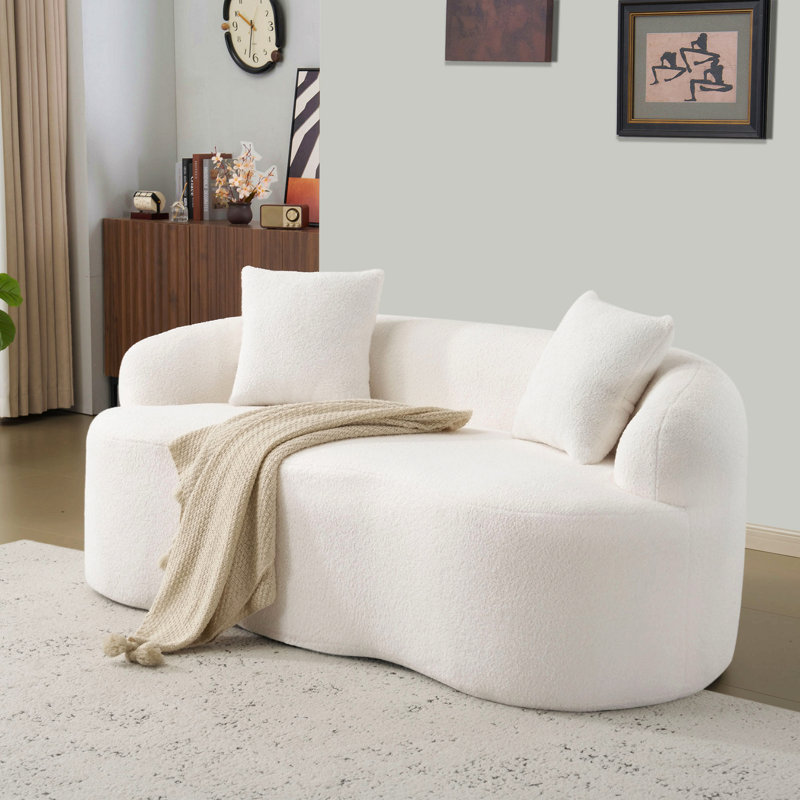 Boneless Teddy Velvet Fabric Curved Loveseat, White, 27.6" H x 66.93" W x 35" D