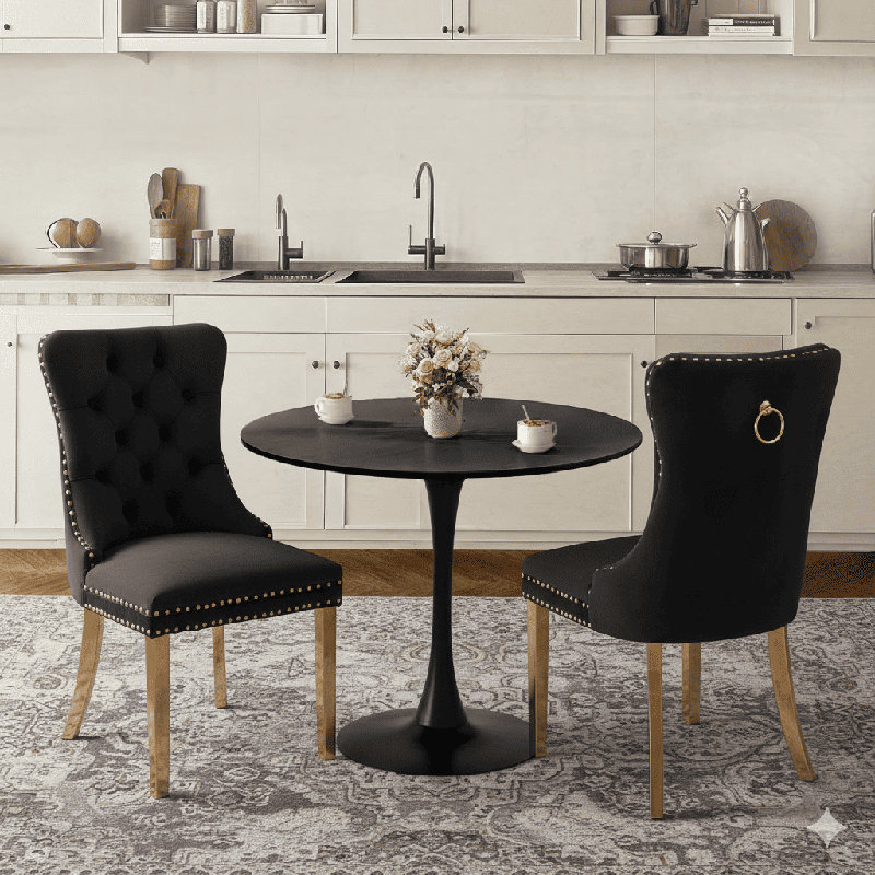 Round Dining Table Sets with 2 chairs, Black, Black/Gold