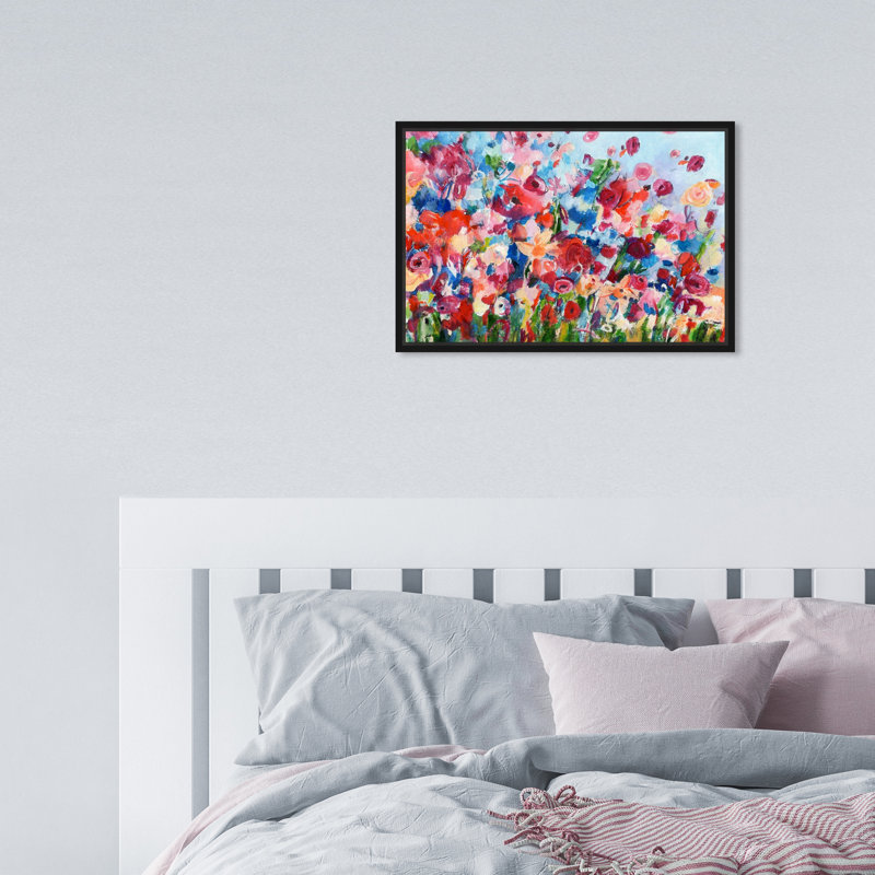 Peinture à fleurs moderne, "Sundays Walk", Toile avec cadre noir, H 10 po x l 15 po x P 1,75 po