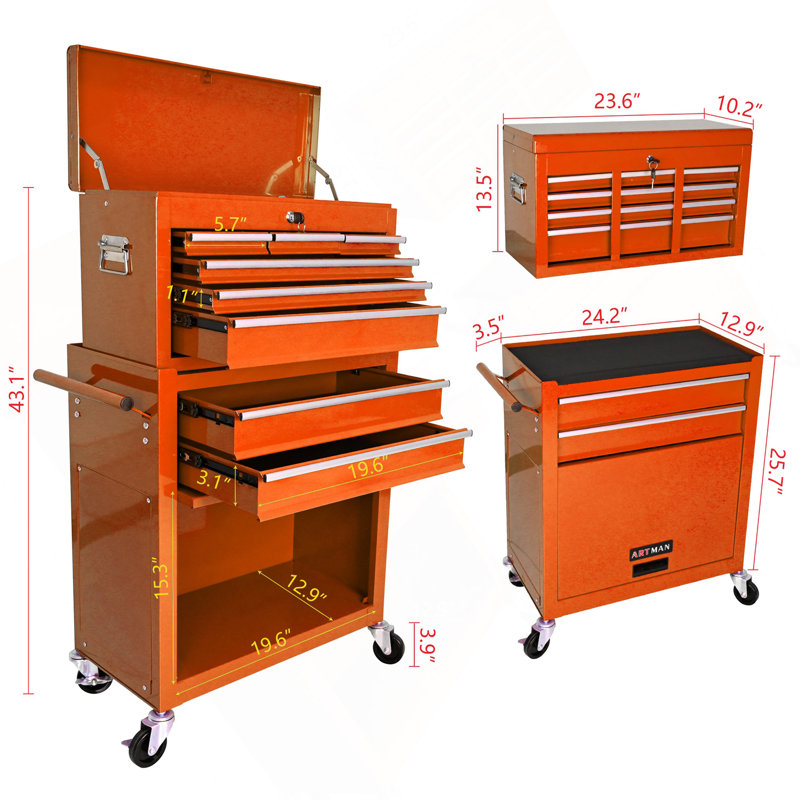 Coffre à outils grande capacité avec roulettes et tiroirs, armoire de rangement pour outils à 8 tiroirs - Orange, Orange