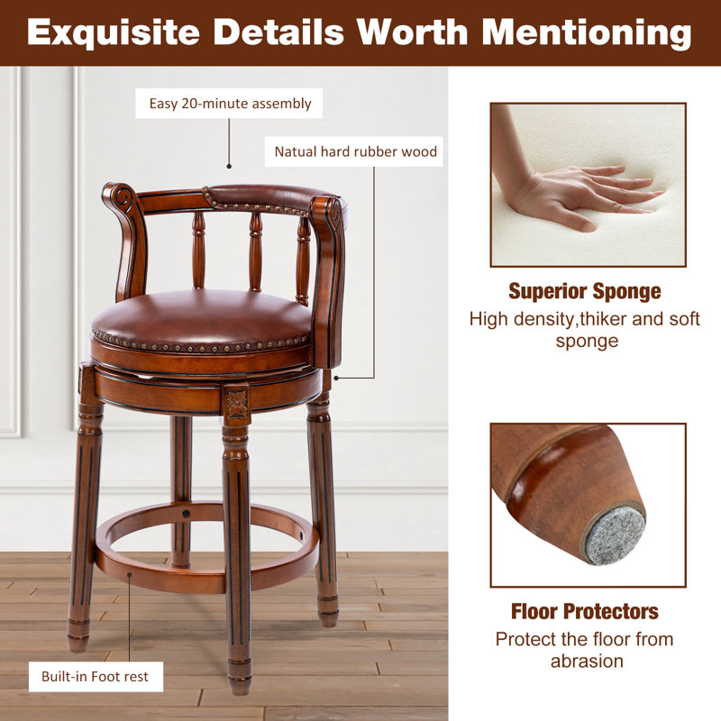 Swivel Bar Stool with Top-Grain Leather Seat, Hollow Back Design, Solid Wood Frame & Footrest for Kitchen, Dining, or Living Room