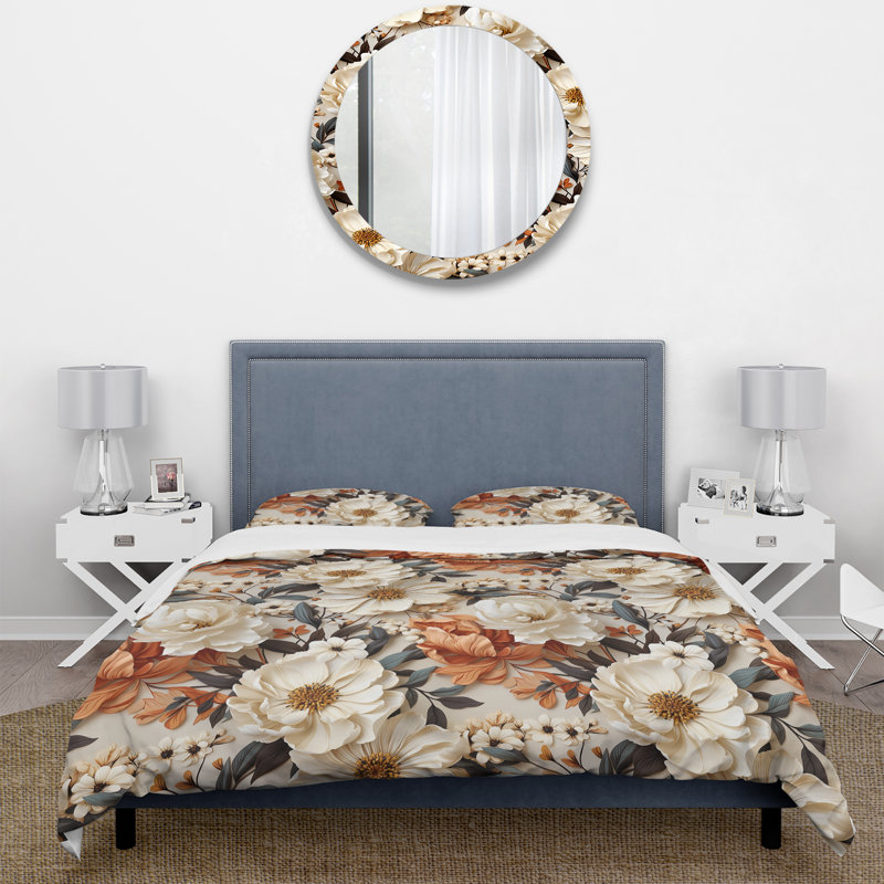 Boho Earthy Blooms Poppies Bloom Floral Duvet Cover, King Duvet Cover + 2 King Shams