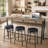 3-Drawer Long Dining Table Set With Power Outlets, Bar Kitchen Table Set With Circular PU Stools, Easy Assemble, Brown Gray Table+Black Stool