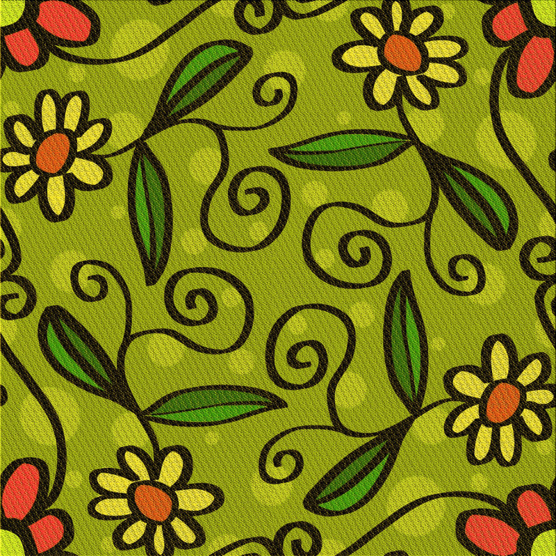 Tapis vert à motif floral, Carré 7 pi