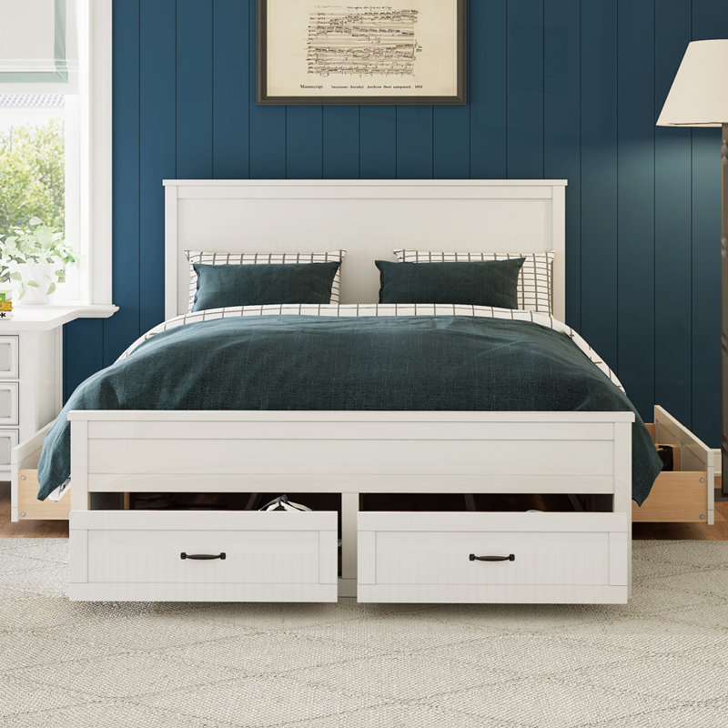 Structure de lit moderne avec 6 tiroirs, lit plateforme avec support à lattes en bois, sans sommier tapissier, blanc, Blanc