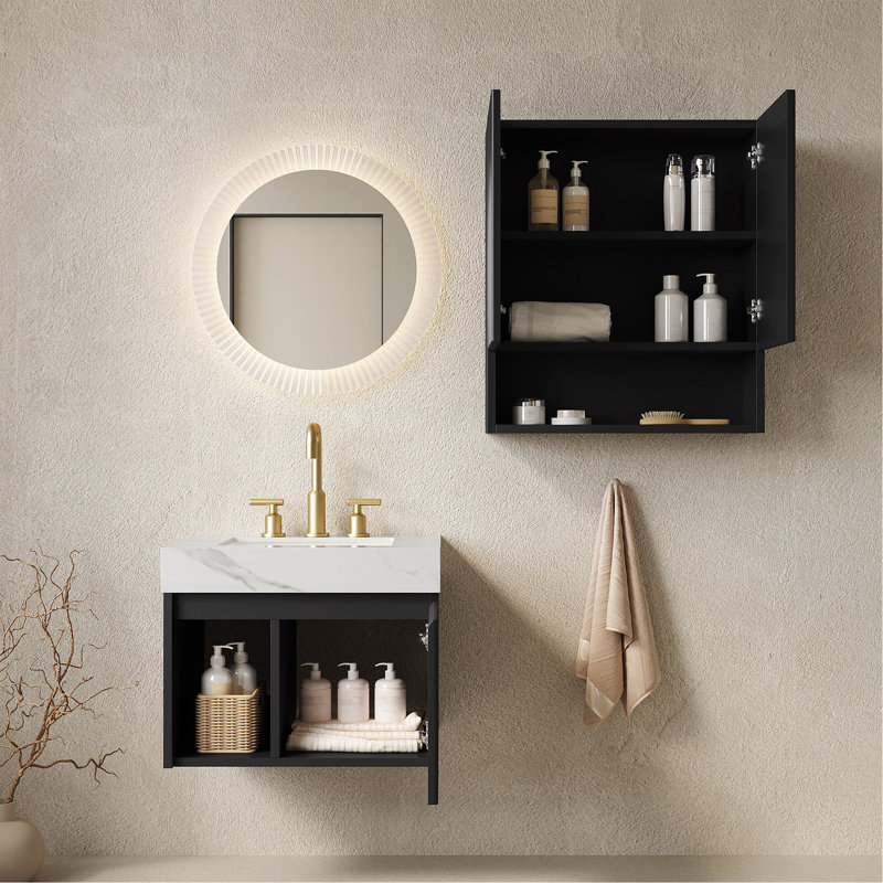 Ensemble combiné de 24 po + TOBI 26 po, meuble-lavabo suspendu avec rangement, comptoir en pierre frittée blanche Carrara, lavabo en céramique, 3 trous prépercés pour robinetterie, robinetterie et bonde non inclus, couleur noire