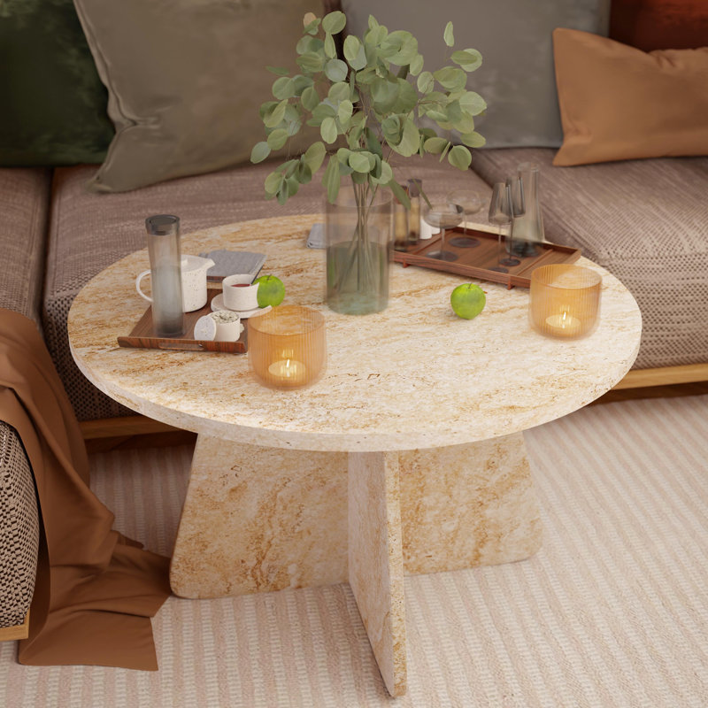 Travertine Look Round Coffee Table – Cross Legs End Table for Living Room, 48cm H x 72cm W x 72cm D