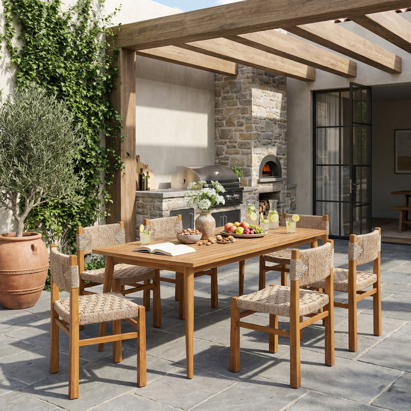 Capri Patio 7-Piece Acacia Wood Dining Set With Woven Wicker