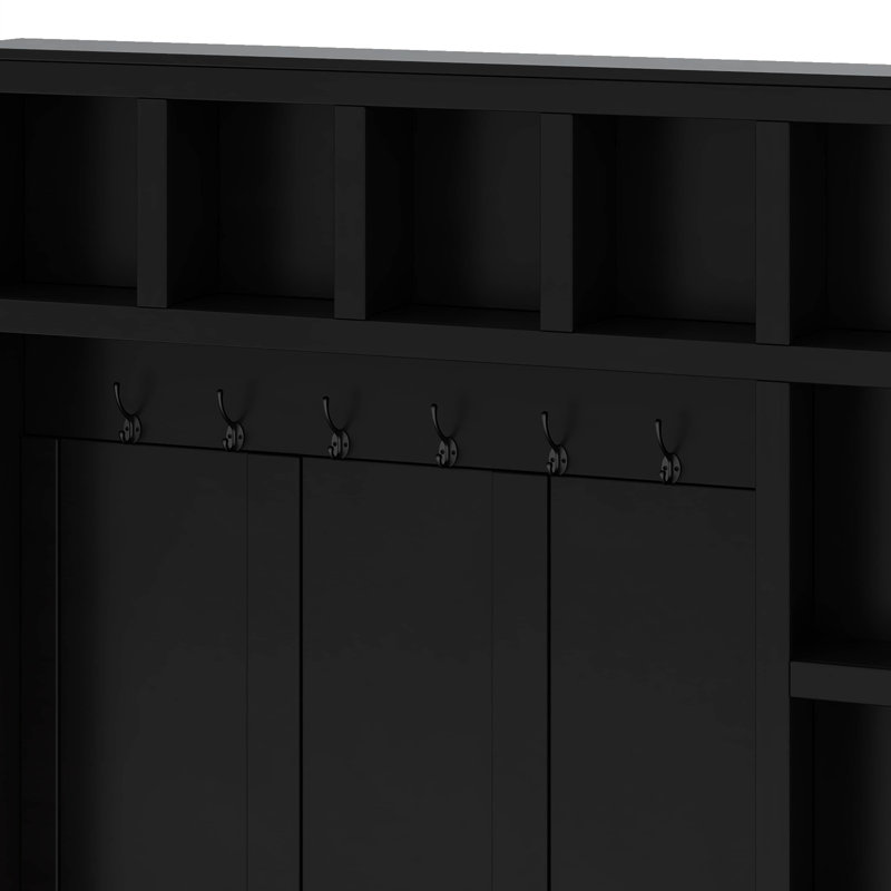 Wide Hall Tree With Storage Bench And 6 Hooks, Farmhouse 4-In-1 Hallway Coat Rack With Adjustable Shelves, Black