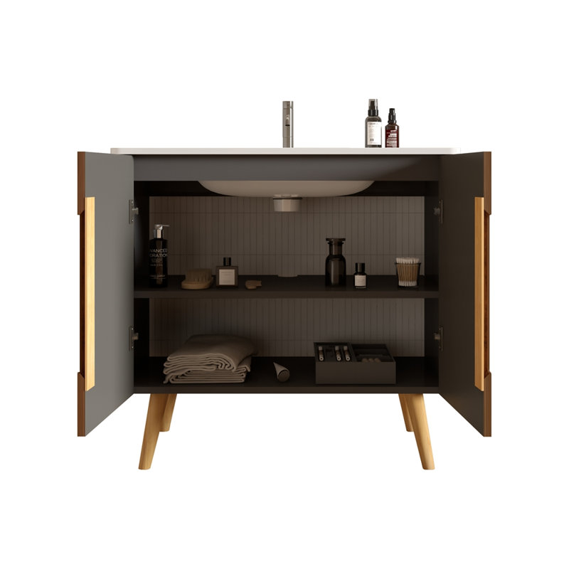 Meuble-lavabo 36 po en noyer rayé avec lavabo en céramique, L 36 po, White