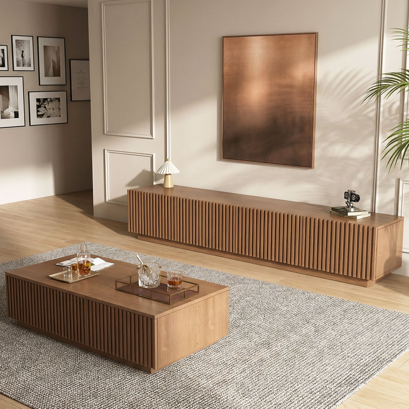 Ensemble de salon moderne à lattes 2 pièces: console de télévision extra longue de 87 po et table basse à plateau relevable avec tiroirs latéraux