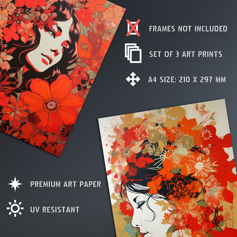 Women Faces With Red Flowers Floral Artworks Boho Portraits - 3 Piece No Frame Print Set, 29.7cm H x 21cm W x 0.4cm D