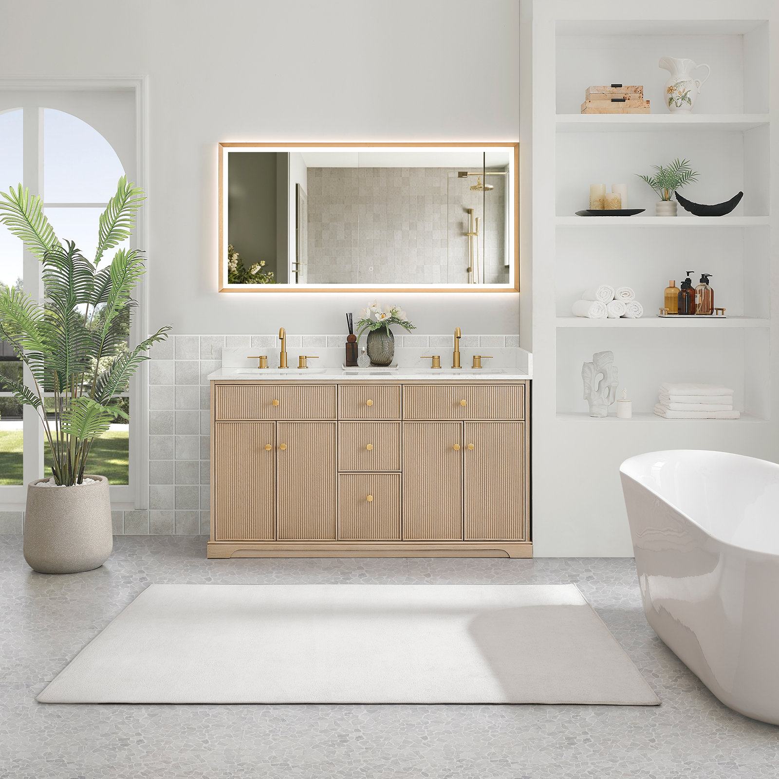 Noe Double Bathroom Vanity in Natural Oak with Grain White Engineered Stone Countertop No Mirror, 60"