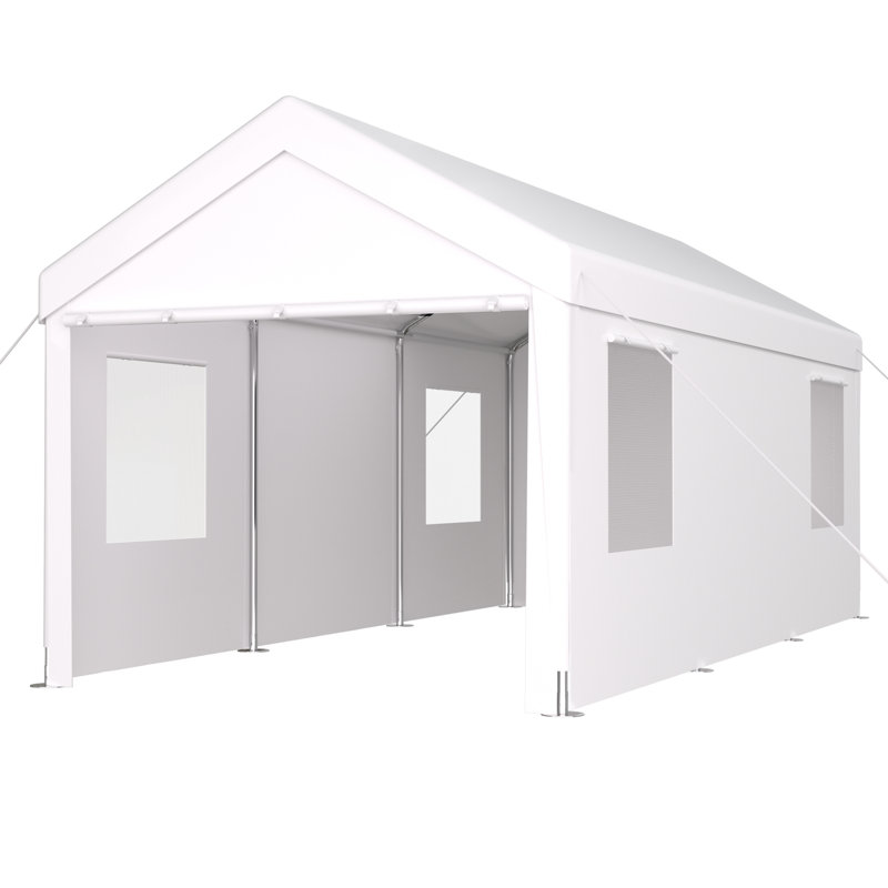 Auvent de garage portatif 12 pi x 20 pi. Structure en acier galvanisé, 2 portes et 4 fenêtres d'aération. Auvent à décoloration, assemblage facile pour voiture, camion, bateau, couvercle d'organisation pour outils, rangement pour équipement simple