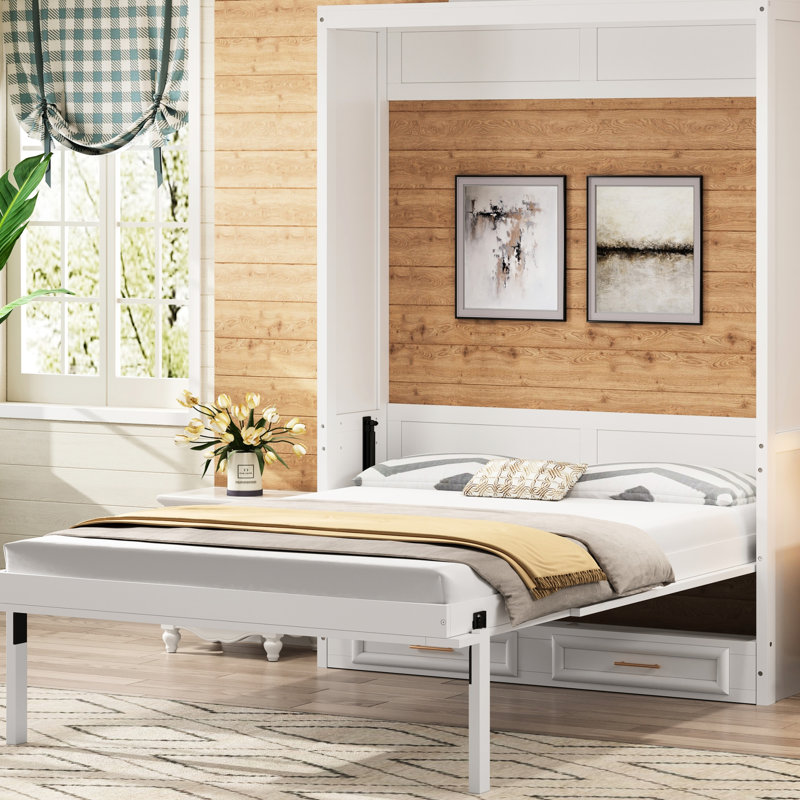 Lit double beige avec 2 tiroirs, bois de pin de haute qualité et conception pliante peu encombrante pour un coin bureau robuste, petite chambre