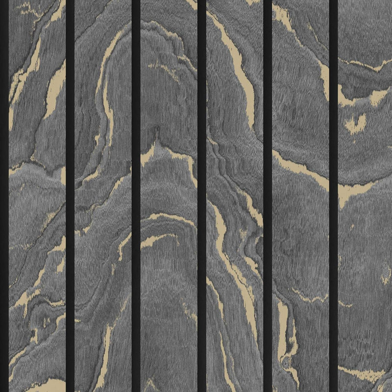 Evika  Charcoal Grey Woodgrain Panel Wallpaper 10m x 53cmMetallic Finish Roll