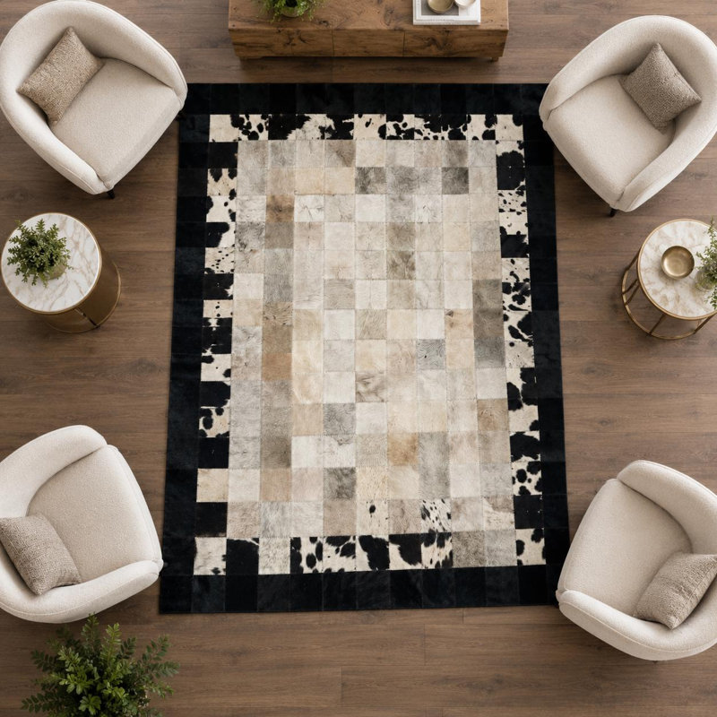 Tapis en cuir de vache fabriqué à la main en patchwork, tapis noir et blanc ivoire, Tapis de couloir 2,5 x 8 pi