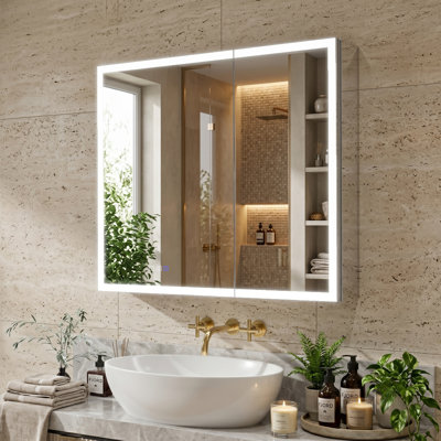  LED Medicine Cabinet, Lighted Medicine Cabinet, Surface & Recessed Mounting, Adjustable Colour Temperature & Brightness, Adjustable Shelves, Soft-Close Hinges, Waterproof, Anti Fog,Left open