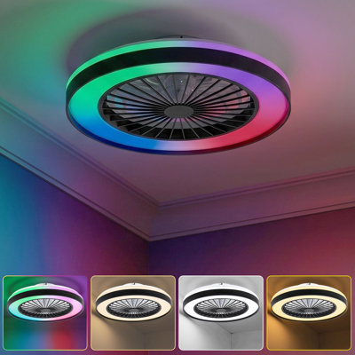 20'' Flush Mount Ceiling Fan with RGB Lights - Low Profile Caged Ceiling Fan with Remote Control, Black
