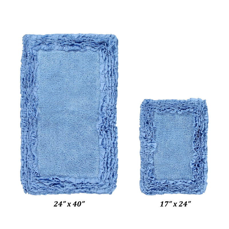 Courson Premium 100% Cotton 1775 GSM 2-Piece Bath Rug Set, OEKO-TEX® Certified, Non-Slip Spray Latex Backing, Plush Tufted Ruffle Pattern, Super Absorbent, Machine Washable Bathroom Rugs, Blue