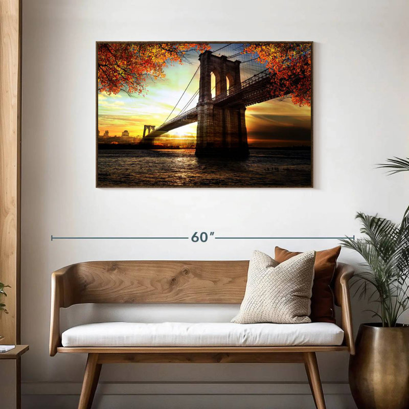 Paysage du pont de Brooklyn, 43 po x 29 po, Cadre flottant en noyer