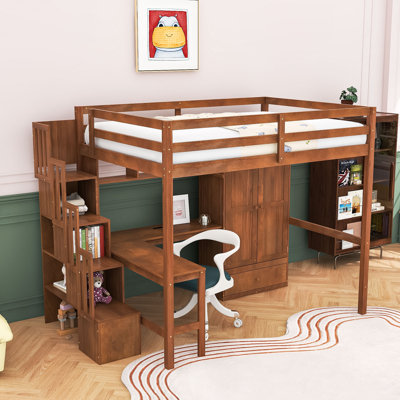 Multifunctional Full Size Loft Bed with L-Shaped Desk, Wardrobe and Charging Station