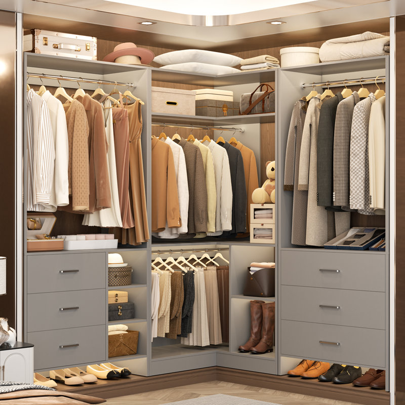  Betton 86.8" W Closet System with 6 Drawers and 4 Hanging Rods, Gray